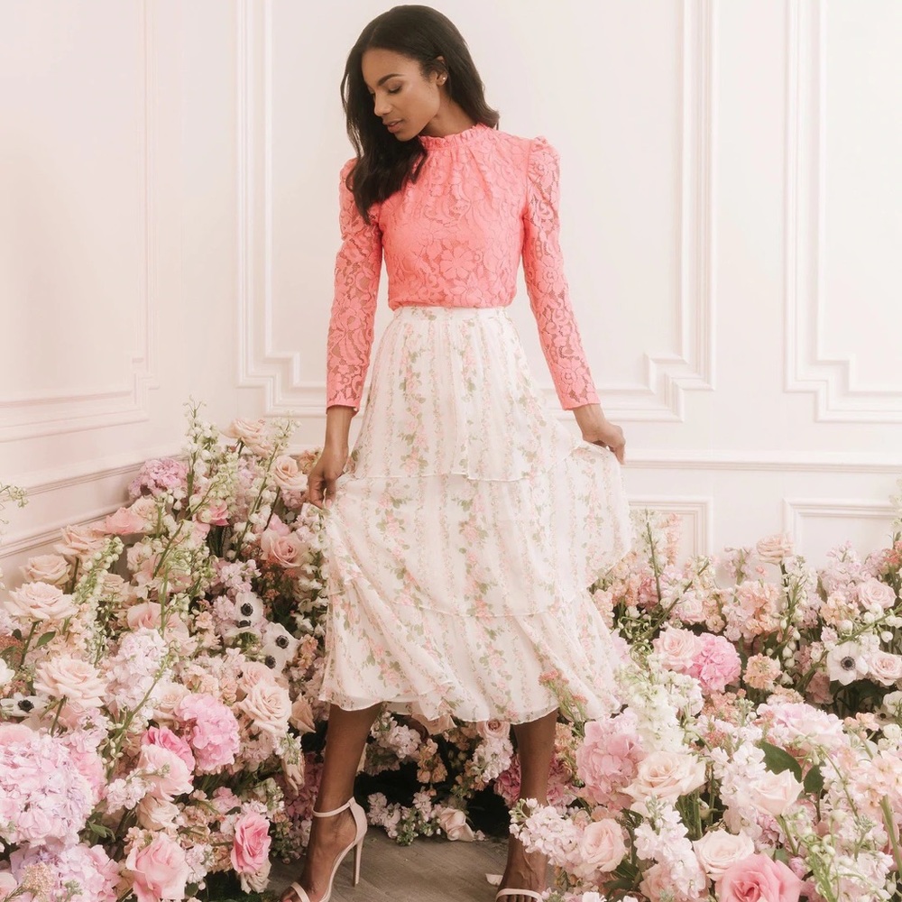 Like New - Rachel Parcell Tiered Chiffon Midi Skirt - Pink Floral Stripe Size M